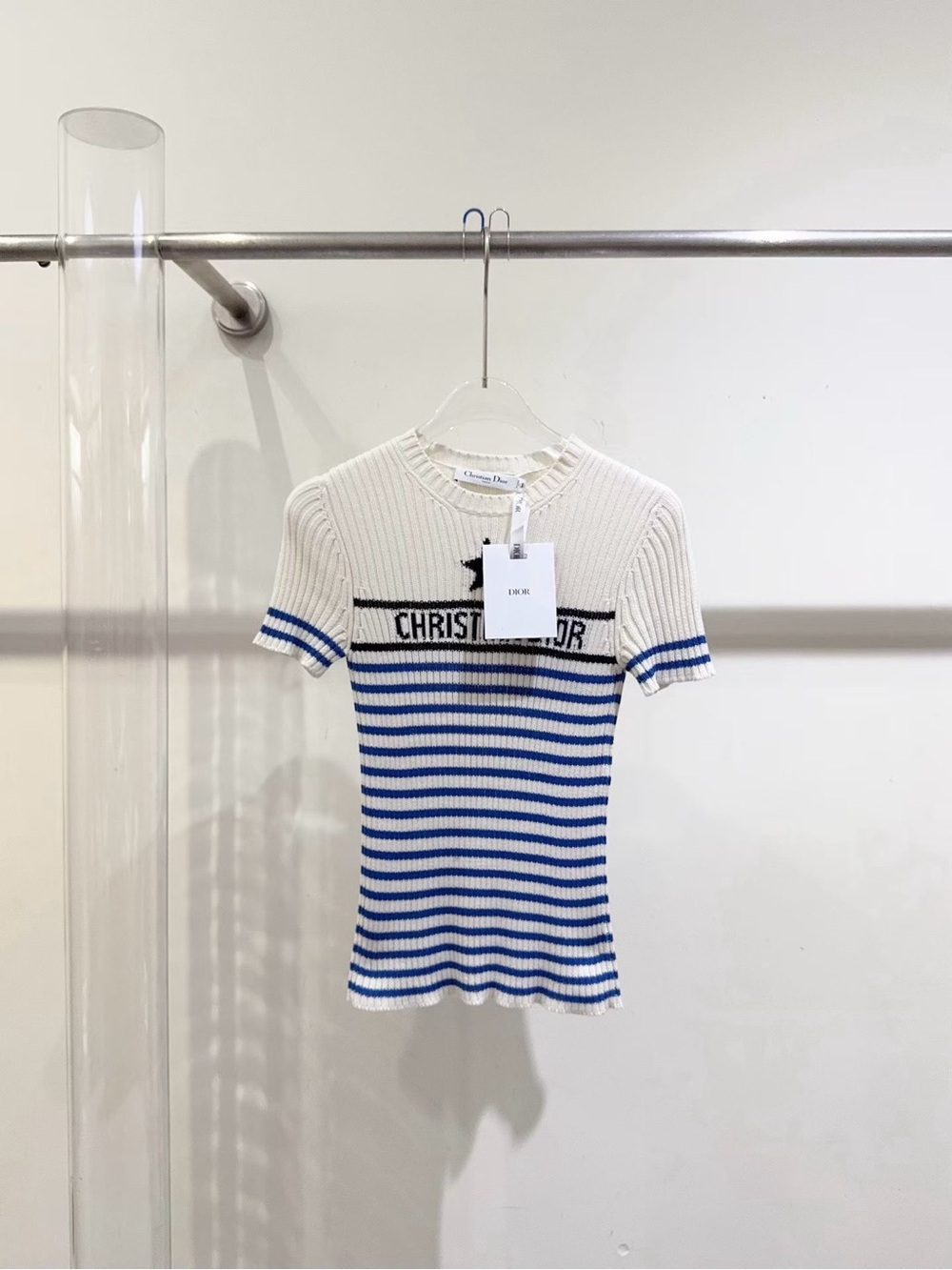 Dior White & Blue Striped Ribbed Short-Sleeve Tee